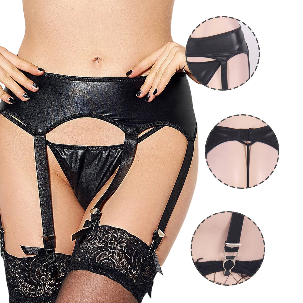 Women Plus Size Black Leather Sexy Panty Underwear Set Garter Belts