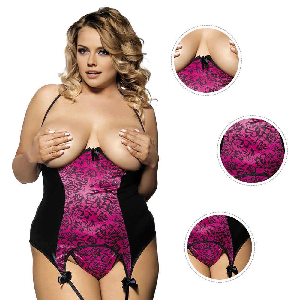 Women Plus Size Rosy And Black Plus Size Leather Halter Open Cup Bustier1234